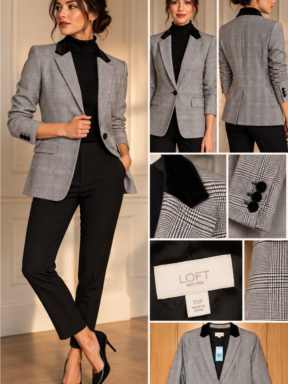 LOFT Petite Gray Plaid Blazer with Black Velvet Collar